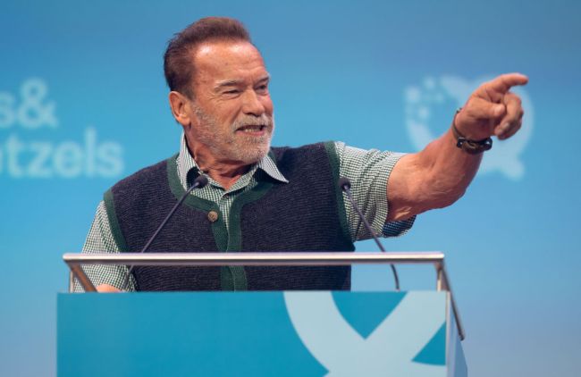 Arnold Schwarzenegger, actor and former governor of California, giving a talk on a stage