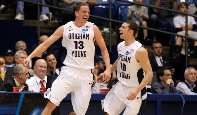 BYU celebrates after beating Iona in the NCAA tournament in 2012