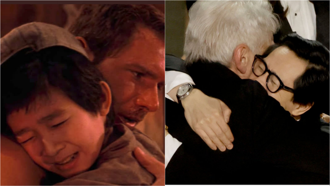 Ke Huy Quan hugging Harrison Ford 
