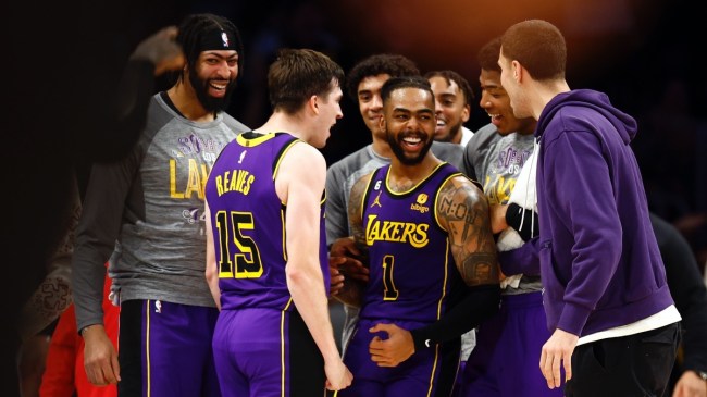 Members of the Los Angeles Lakers celebrate