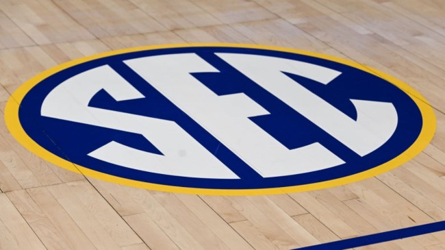 SEC logo on basketball court