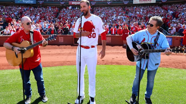 Adam Wainwright sings the National Anthem before the Cardinals' Opening Day matchup.