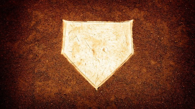 A view of home plate on a baseball field.