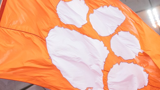 A Clemson Tigers logo on a flag.