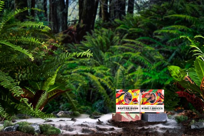 Dr. Squatch Jurassic Park soap in an ferny natural setting that looks like the movie