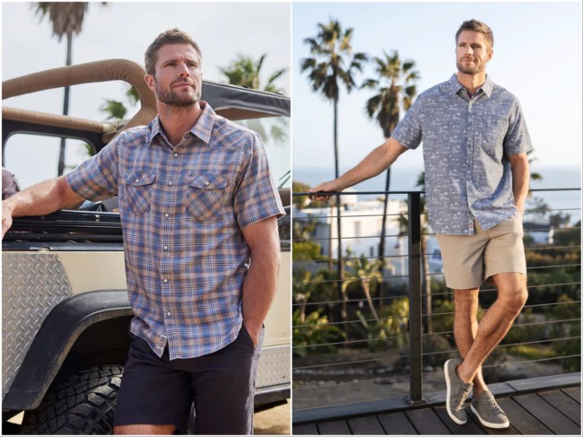 A man in casual spring clothes like shorts and a button down short sleeve shirt in a breezy California setting