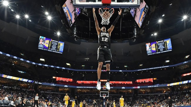 Ja Morant dunks in a Memphis game.