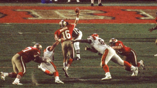 Joe Montana throws a pass in Super Bowl XXIII.