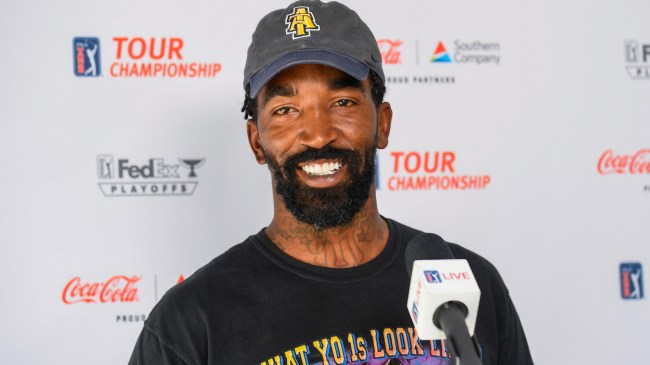 JR Smith speaks to the media before a golf tournament.