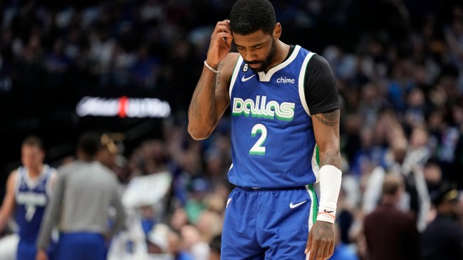 Kyrie Irving on the court during a Mavericks' loss to the Hornets.
