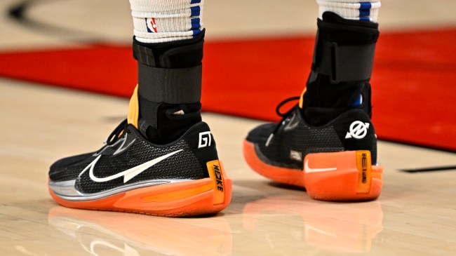 A view of Knicks center Mitchell Robinson's shoes.
