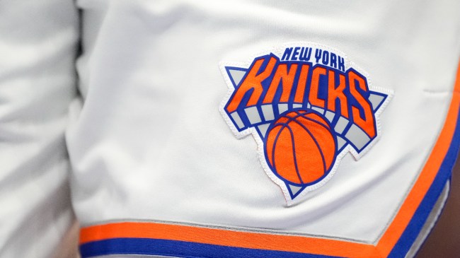 A New York Knicks logo on a pair of basketball shorts.