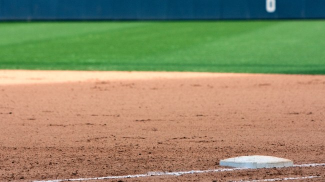 A view of first base on a baseball diamond.
