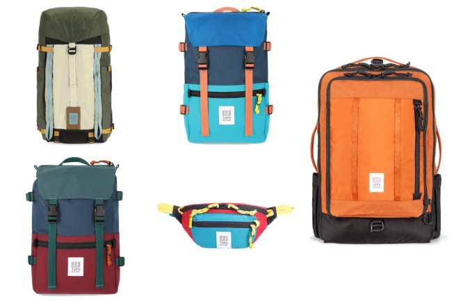 Collage of colorful Topo Designs backpacks, luggage, and bags