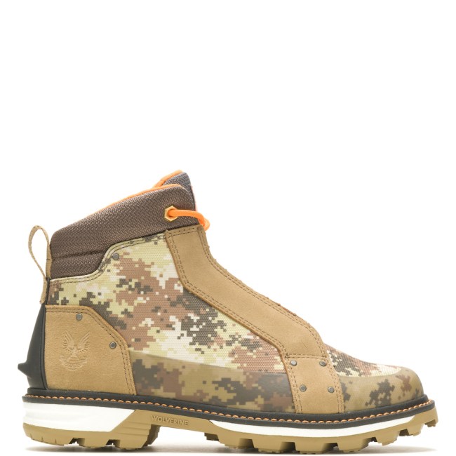 Picture of the limited edition Wolverine x Halo boot collab with desert colors digital camo colors and orange laces