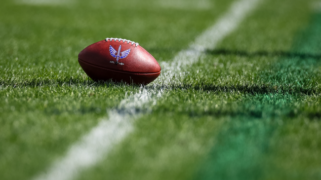 A view of a football on the field before an XFL game.