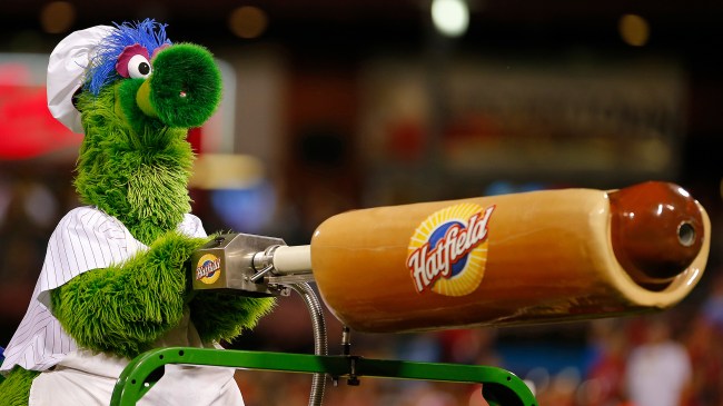 Phillie Phanatic using a hot dog cannon