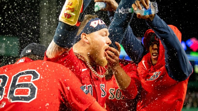The Red Sox celebrate a walk off win over the Minnesota Twins.
