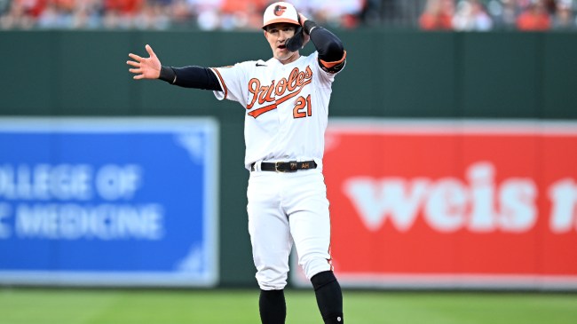 A Baltimore Orioles player celebrates an extra-base hit.