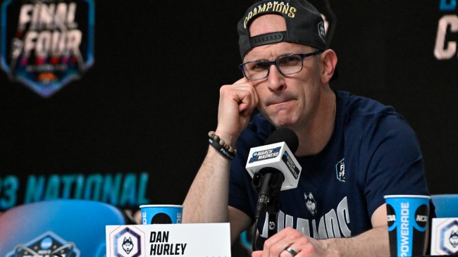 Dan Hurley talks to the media after UCONN's national title win.