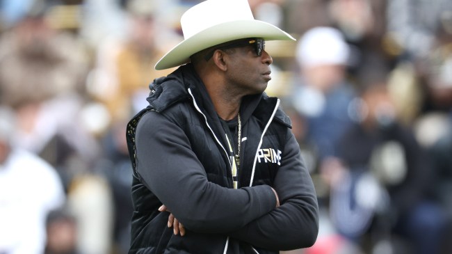 Deion Sanders watches on during the Colorado spring game.