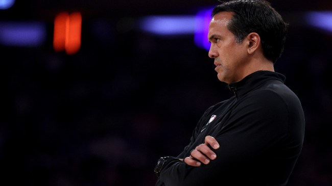 Heat coach Erik Spoelstra watches on from the bench.