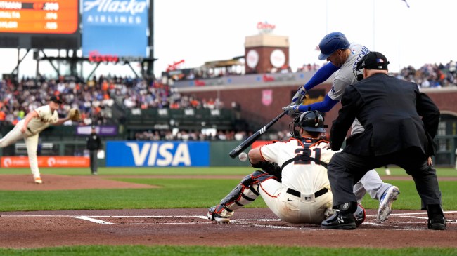 Freddie Freeman swings at a pitch during the Dodgers' matchup with the Giants.