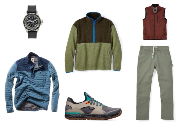 Mens items in the Huckberry spring sale, including a watch, a fleece, a pullover, pants, hiking shoes, and vest