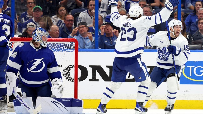 Toronto Maple Leafs celebrate after capping off comeback against the Lightning in the Stanley Cup Playoffs