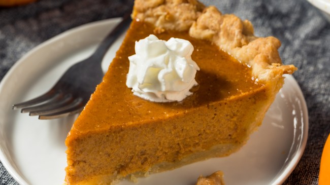 A slice of pumpkin pie sits on a plate.