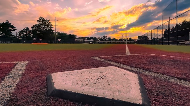 A view of a baseball diamond from home plate.