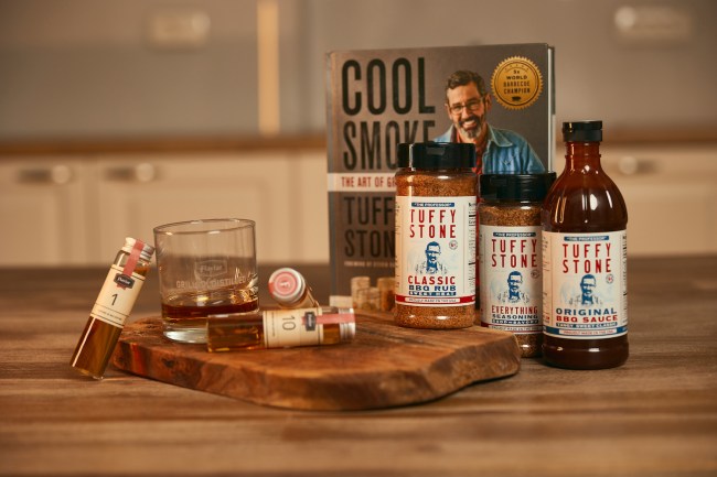 Tuffy Stone book, bbq seasoning, bbq sauces, and select whiskies from partnership with Flaviar