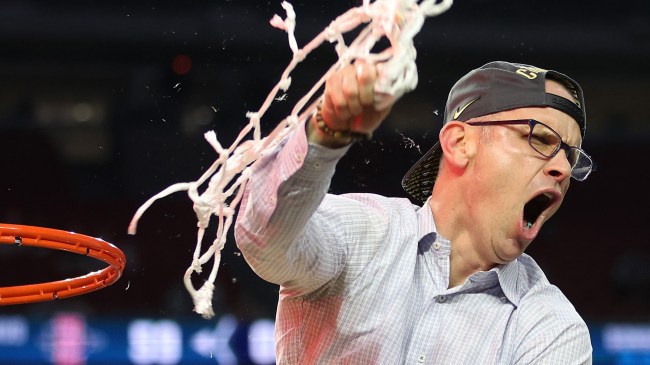 UConn basketball coach Dan Hurley cuts down net after winning NCAA Tournament