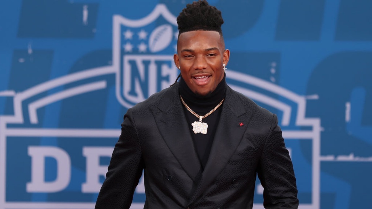 Atlanta Falcons first-round draft pick Bijan Robinson poses for a photo  before an NFL football news conference at the team's training facility in  Flowery Branch, Ga., Friday, April 28, 2023. (AP Photo/Ben