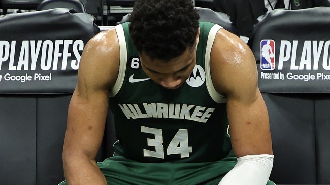 Giannis Antetokounmpo reacts after losing in the NBA Playoffs