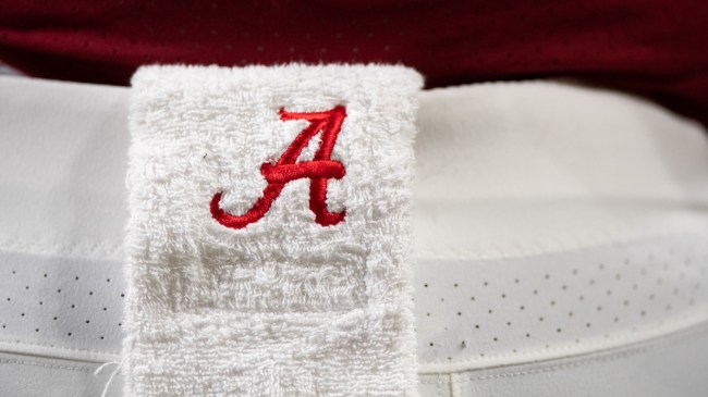 An Alabama logo on a football towel.