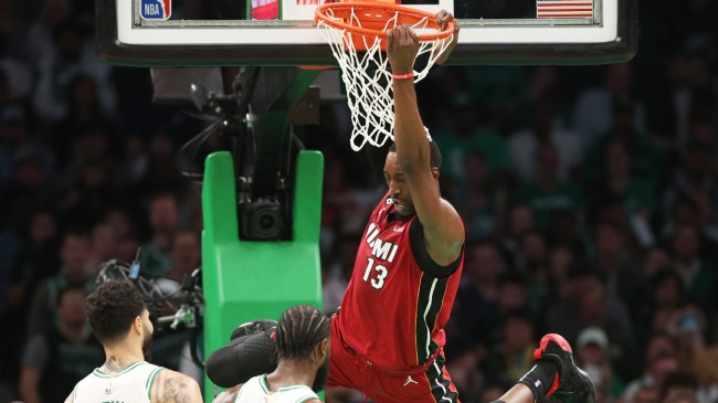 Bam Adebayo throws down a slam dunk against the Celtics.