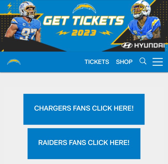 Chargers-Raiders ticket page