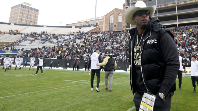 Deion Sanders watches on at the Colorado spring game.