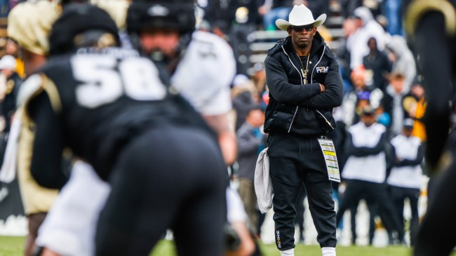 Deion Sanders watches on at the Colorado spring game.
