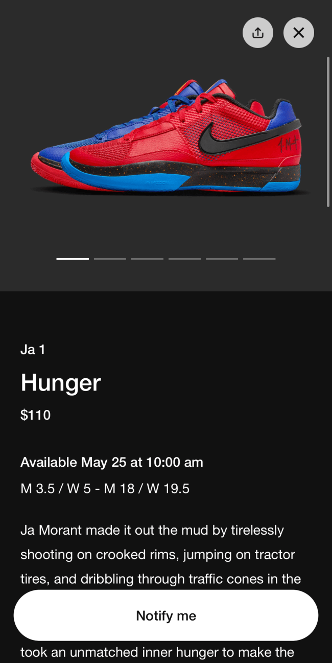 Ja Morant "Hunger" shoe on Nike SNKRS app