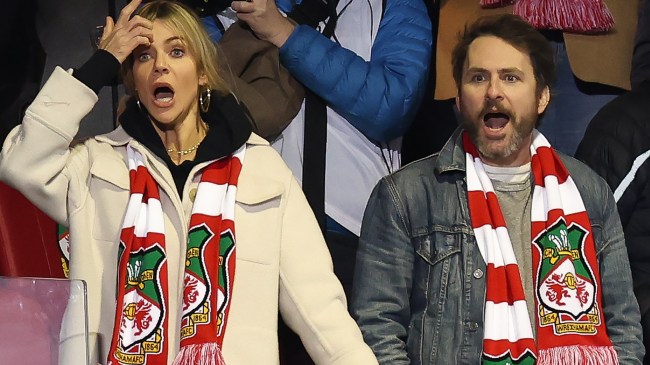 Kaitlin Olson and Charlie Day at a Wrexham soccer game