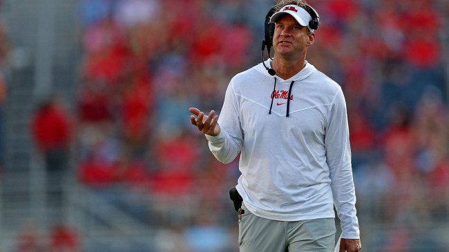 Lane Kiffin questions a call from the sidelines.