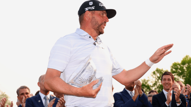 Michael Block celebrates after the PGA Championship.
