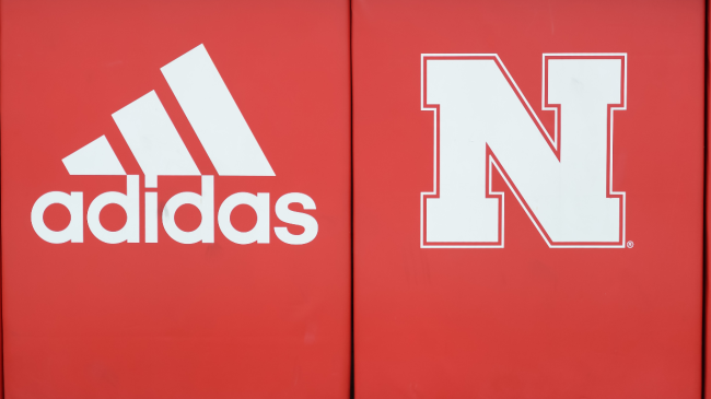 A Nebraska logo on a stadium wall.