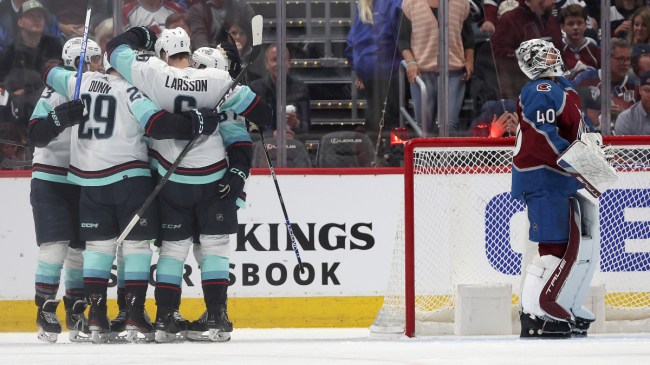 Kraken celebrating win over Avalanche in NHL playoffs