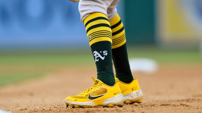 An Oakland A's logo on a baserunner's sock.