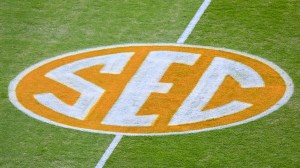 An SEC logo on the field at Neyland Stadium.
