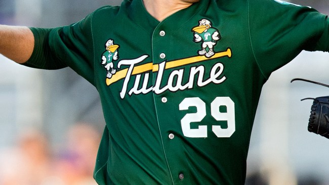 A Tulane logo on the front of a baseball jersey.