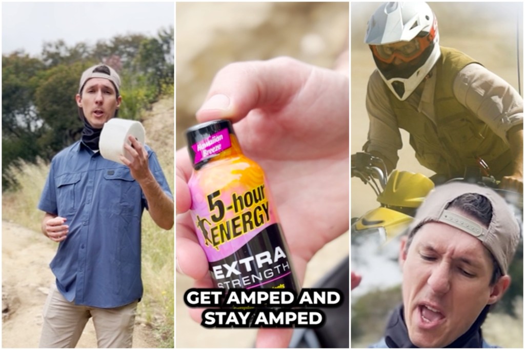 Comedian Strider Wilson holding a 5-hour Energy Drink and talking about off-roading